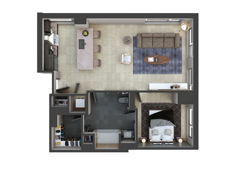 Floor plan for 1 bed, 1 bath, 856 sqft